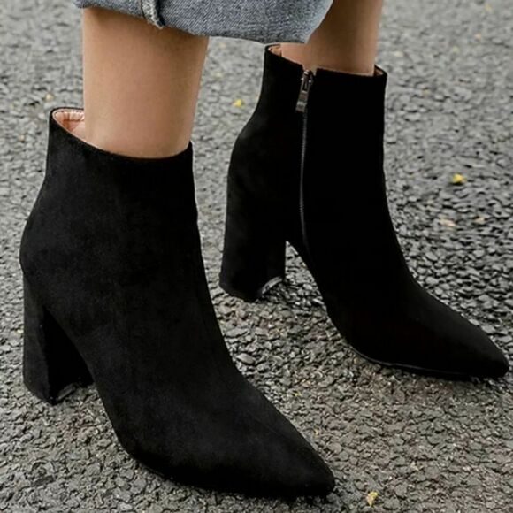 BRAND NEW SUEDE POINTED TOE ANKLE WOMEN"S BLOCK HIGH HEELED WINTER ZIP UP BOOTS - Picture 1 of 15